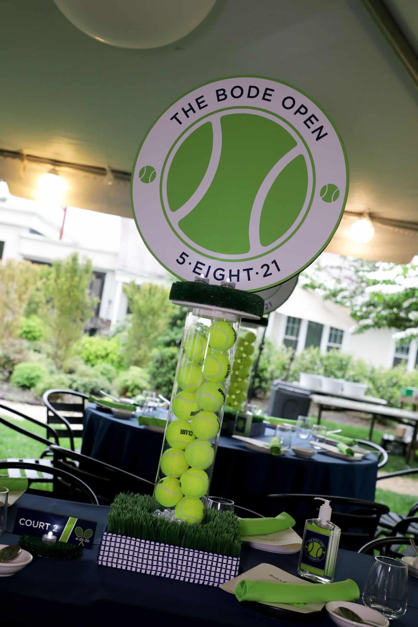 Tennis Themed Centerpiece with Custom Logo and Wheat Grass Base