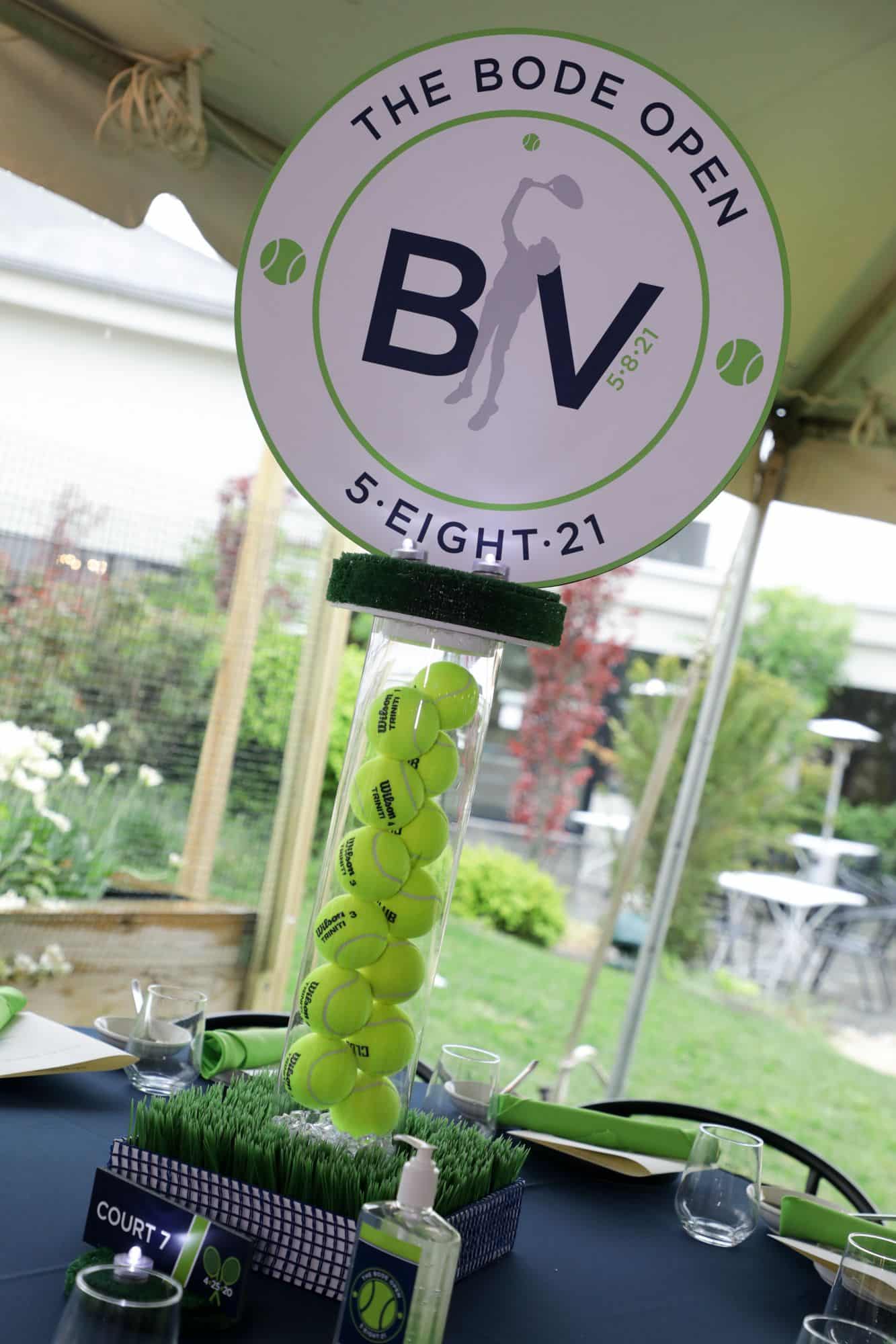 Tennis Themed Centerpiece with Custom Logo and Wheat Grass Base