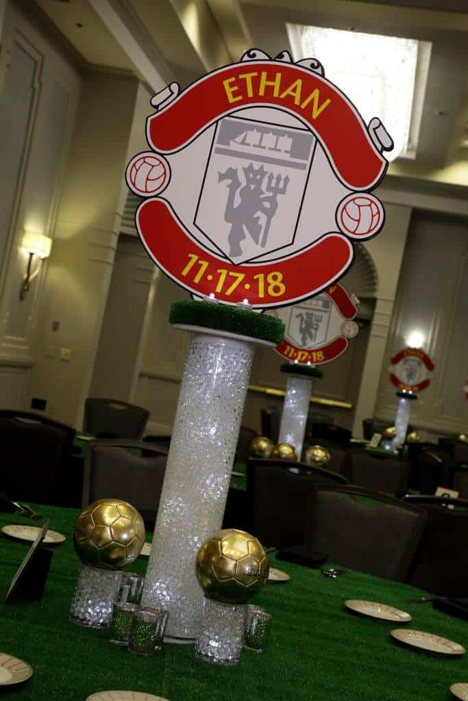 Soccer Themed LED Centerpiece with Logo Toppers and Gold Soccer Balls on Turf Tables