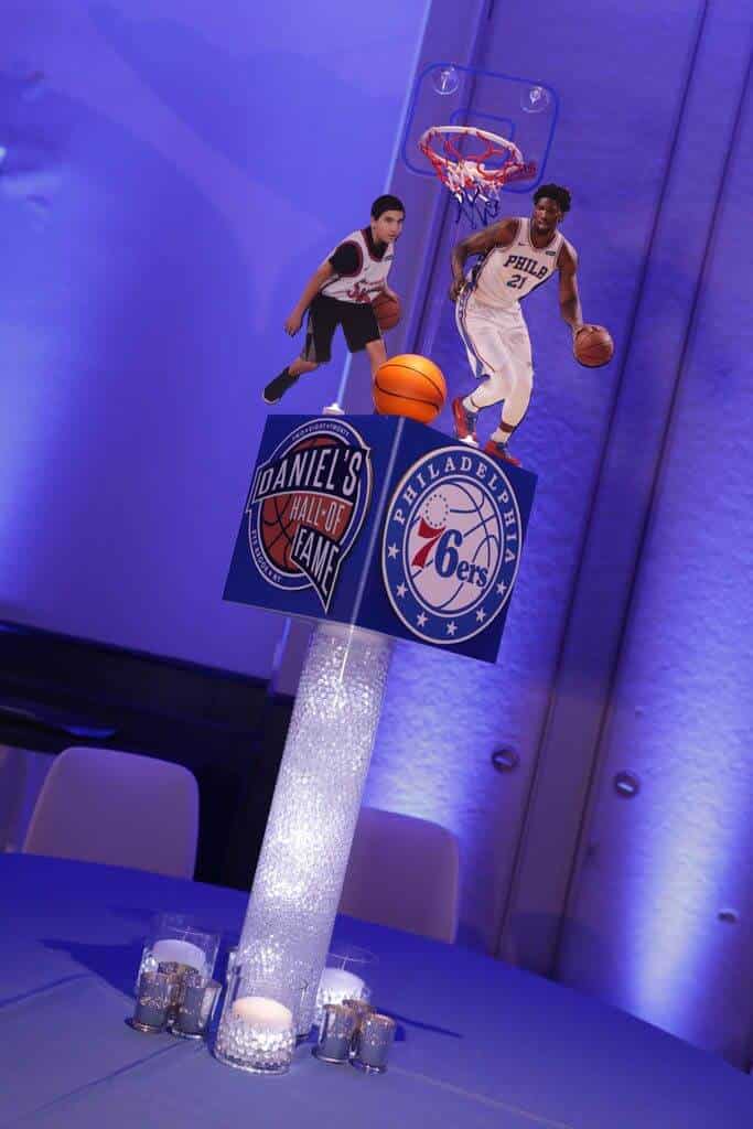 Custom Cube Centerpiece with Logos and Cutout Photos on LED Vases with Gems