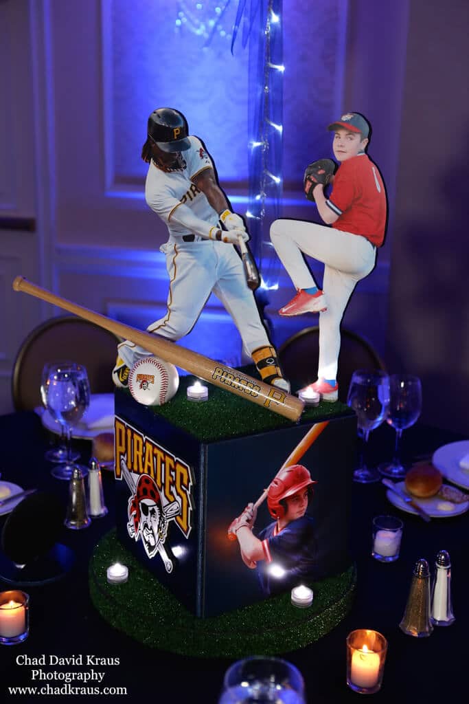 Baseball Themed Centerpiece with Team Logos and Cutout Toppers