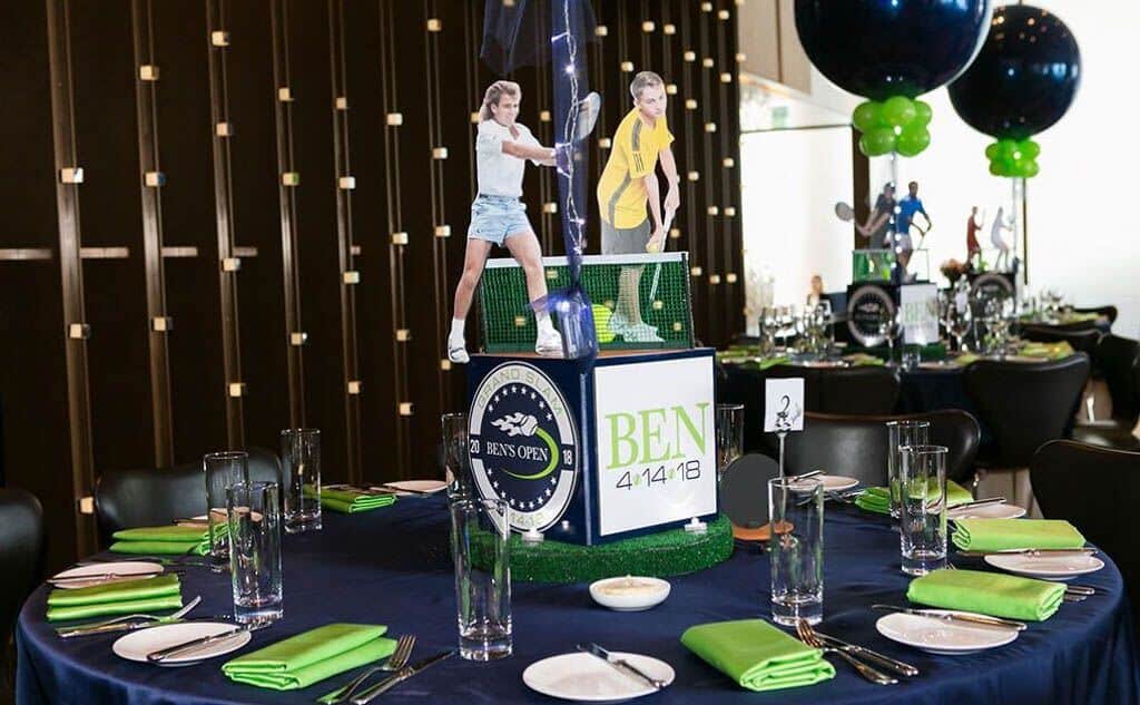 Tennis Themed Cube Centerpiece with Custom Logo and Cutout Photos