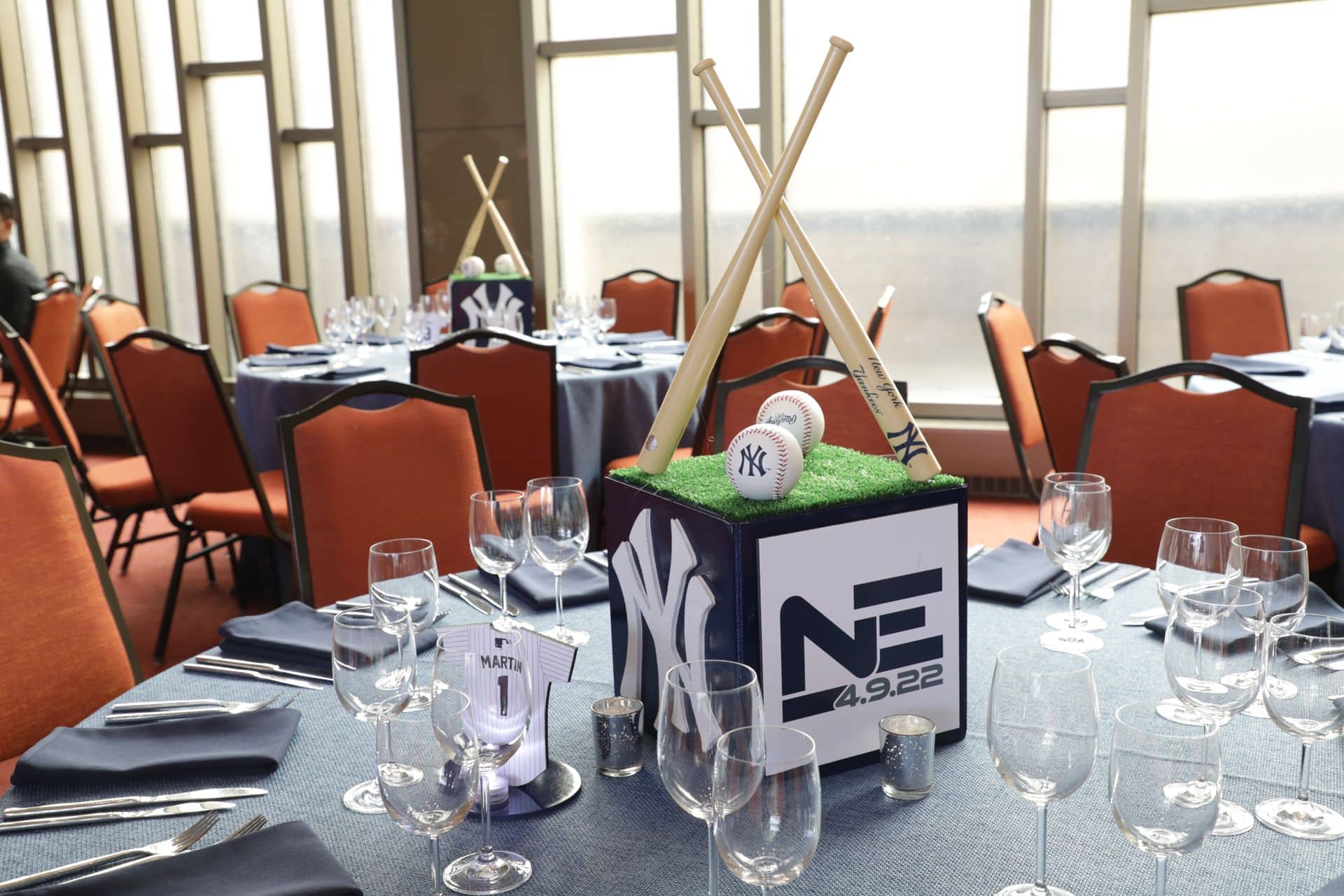 Baseball Centerpiece with Criss Crossing Bats and Balls for Yankees Themed Bar Mitzvah
