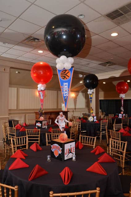 Basketball Themed Bar Mitzvah Centerpiece with Alternating Balloons and Floating Team Pennants