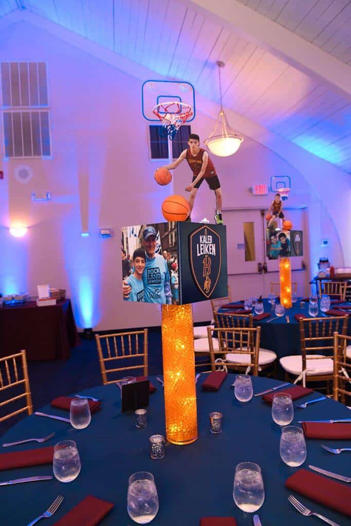 Basketball Themed Cube Centerpiece with Cutout Photos on LED Cylinder