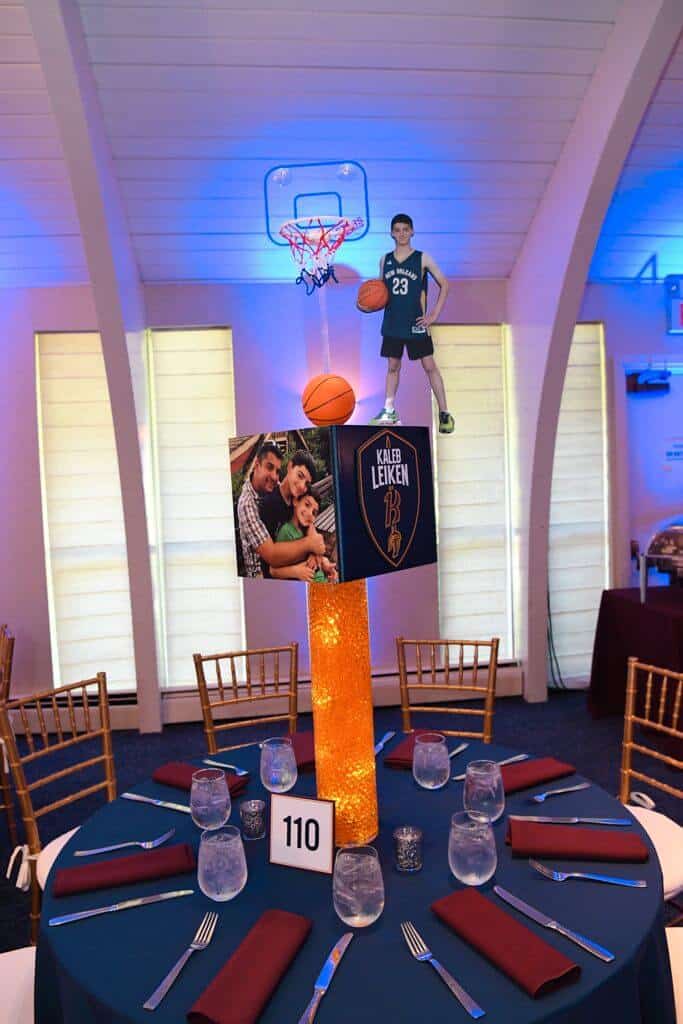 Basketball Themed Cube Centerpiece with Cutout Photos on LED Cylinder