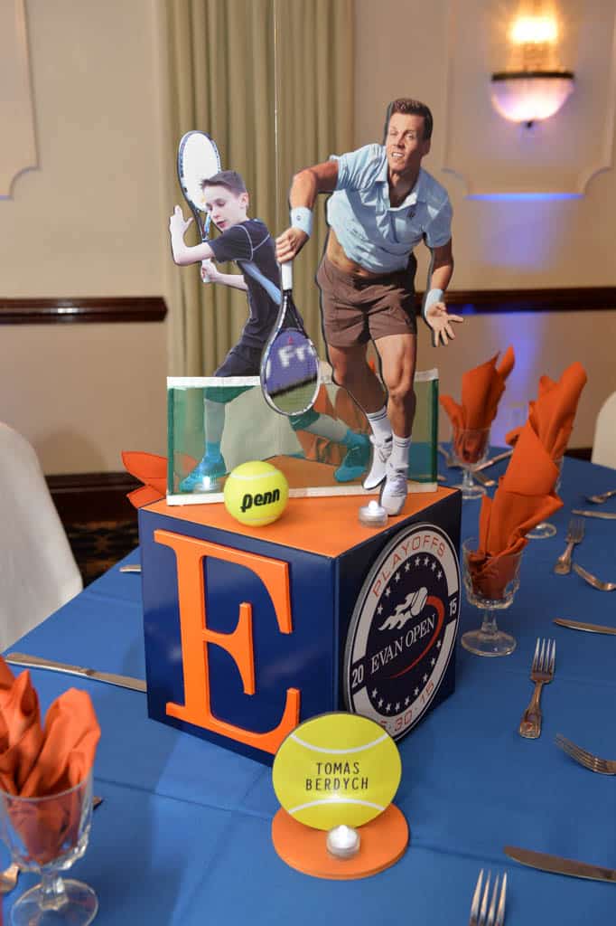 Tennis Themed Bar Mitzvah Centerpiece with Custom Logo, Initial and Cutout Toppers