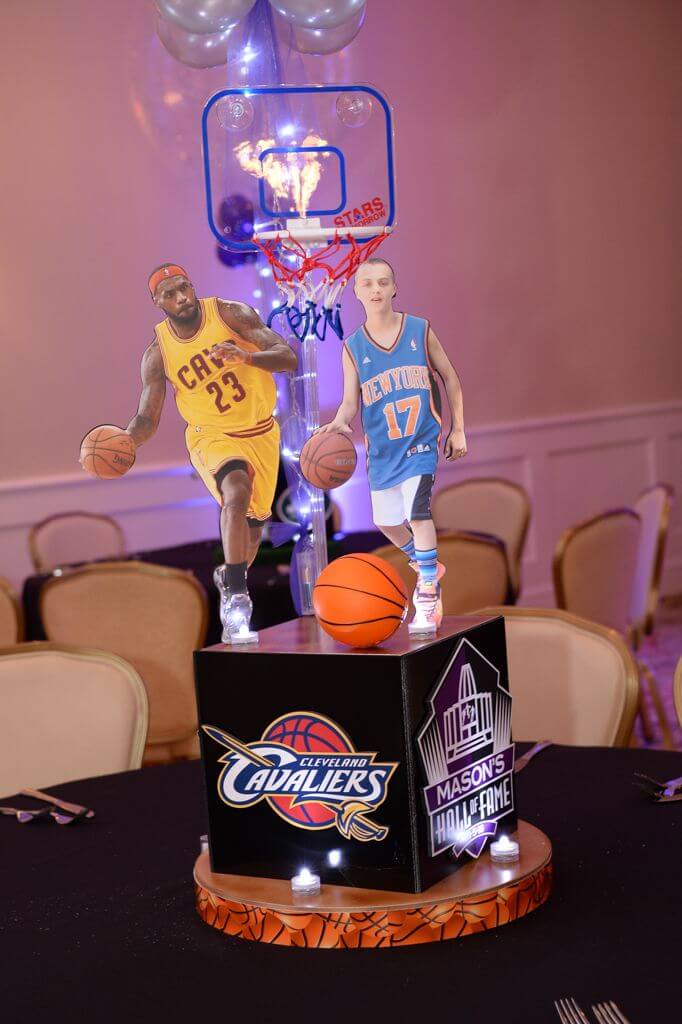 Basketball Themed Photo Cube Centerpiece with Logos and Cutout Toppers