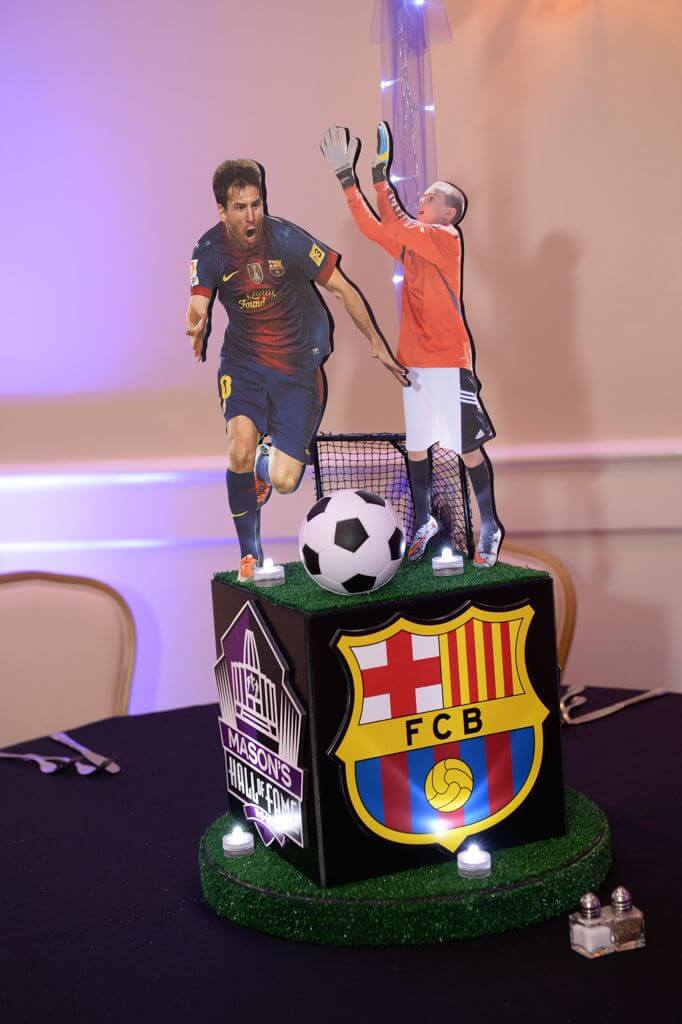 Soccer Themed Photo Cube Centerpiece with Logos and Cutout Toppers