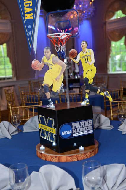 Basketball Themed Cube Centerpiece with Sports Logos and Cutout Players