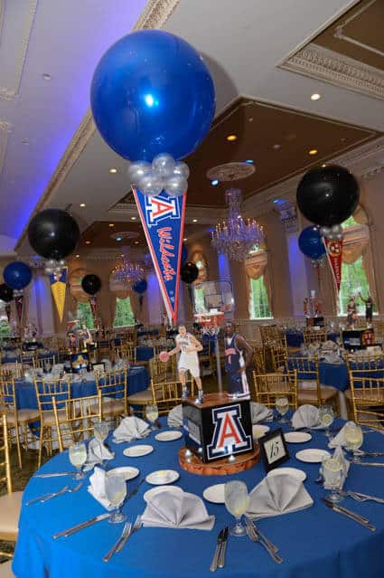 Basketball Themed Photo Cube Centerpiece with Alternating Balloons and Team Pennants