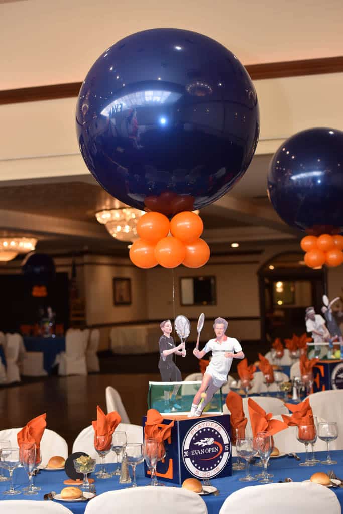 Tennis Themed Centerpiece with Navy and Orange Balloons