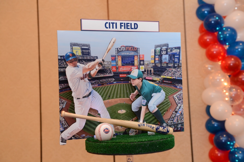 Baseball Themed Bar Mitzvah Centerpiece with Stadium Background and Cutout Players