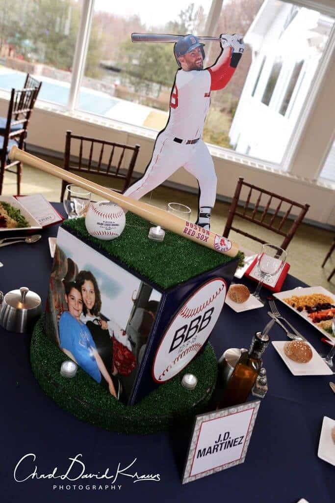 Baseball Themed Cube Centerpiece with Custom Logo and Player Topper
