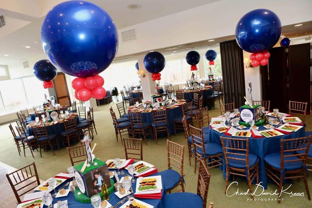 Baseball Themed Cube Centerpieces with Player Toppers and Navy and Red Balloons at Rockrimmon Country Club