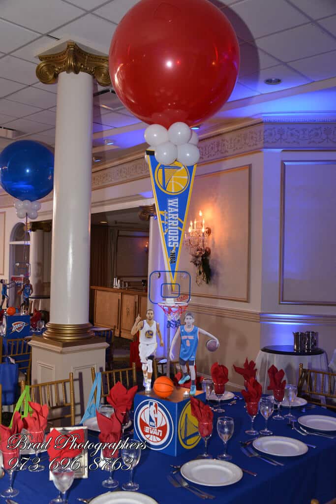 Basketball Themed Centerpiece with Custom Logo, Player Cutout and Team Pennants