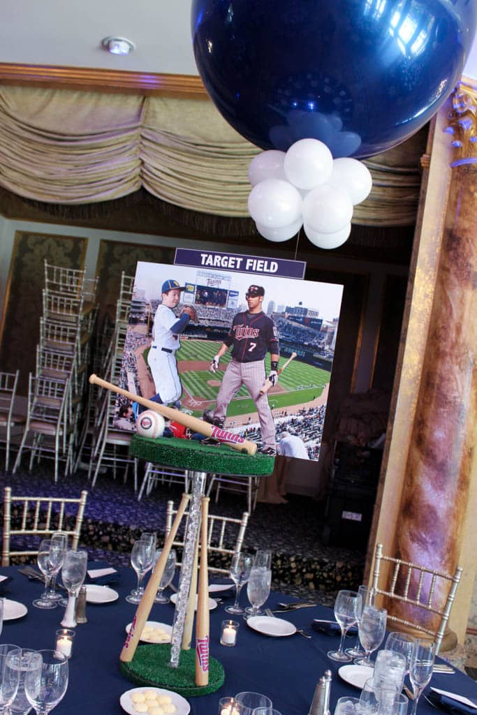 Baseball Themed Bar Mitzvah Centerpiece with Stadium Backgrounds and Player Photos