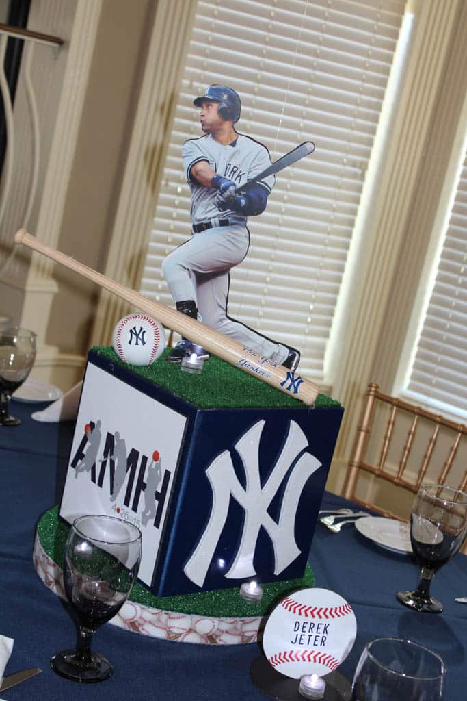 Yankees Themed Bar Mitzvah Centerpiece with Player Cutout and Turf Base