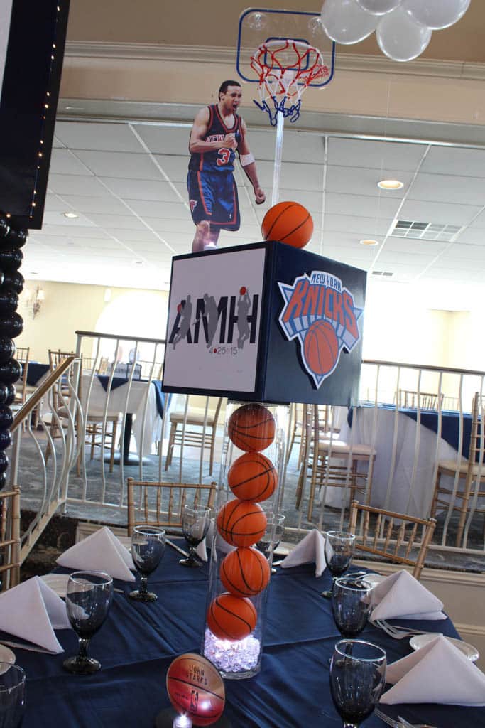 Knicks Themed Bar Mitzvah Centerpiece with Player Cutout and Cylinder with Basketballs