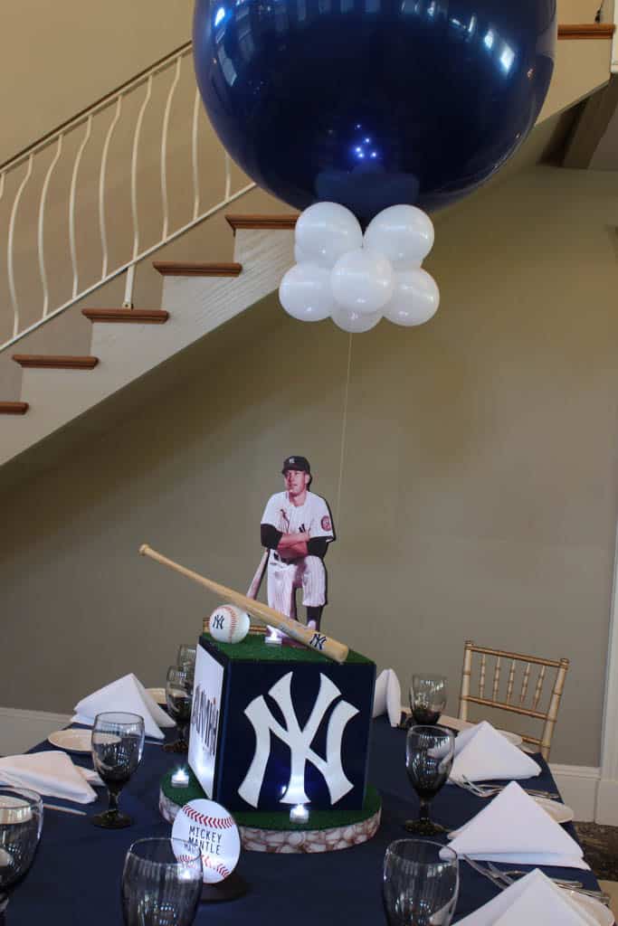 Yankees Themed Centerpiece with Player Cutout, Turf Base and Navy Balloon