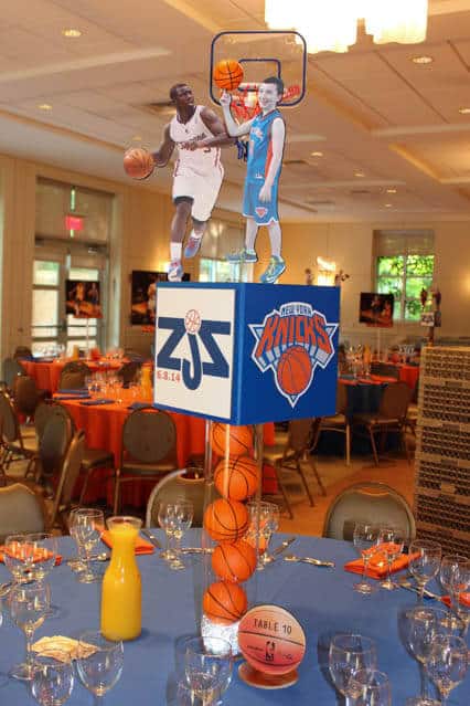 Knicks Themed Bar Mitzvah Centerpiece with Logos, Cutout Players and Basketballs