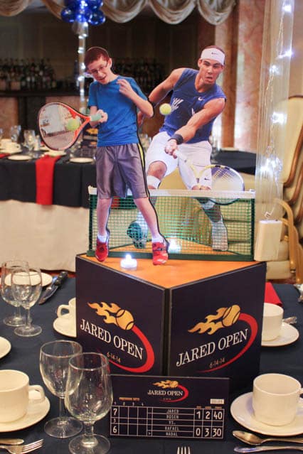 Tennis Themed Photo Cube Centerpiece with Logos, Cutout Players and Custom Table Signs