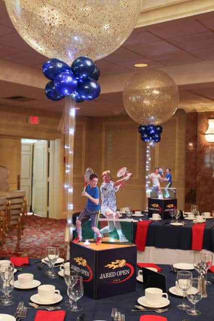 Tennis Themed Bar Mitzvah Centerpiece with Sparkle Balloons and Lights