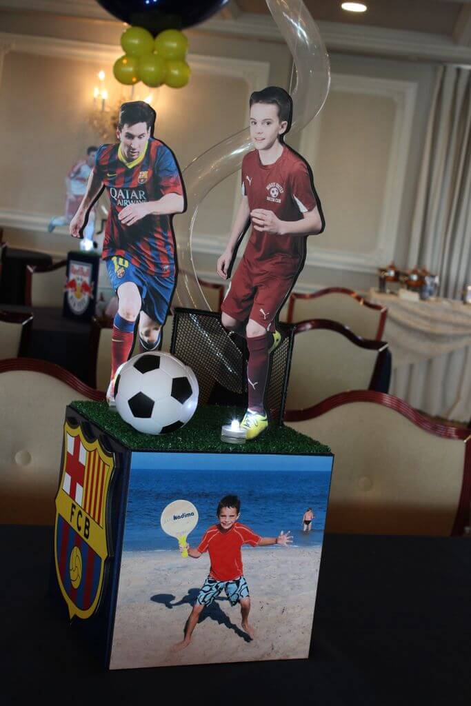 Soccer Themed Photo Cube Centerpiece with Team Logos and Cutout Toppers