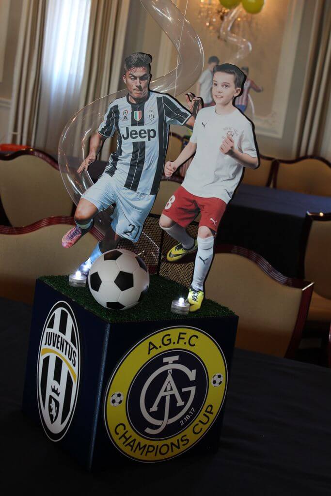 Soccer Themed Photo Cube Centerpiece with Team Logos and Cutout Toppers