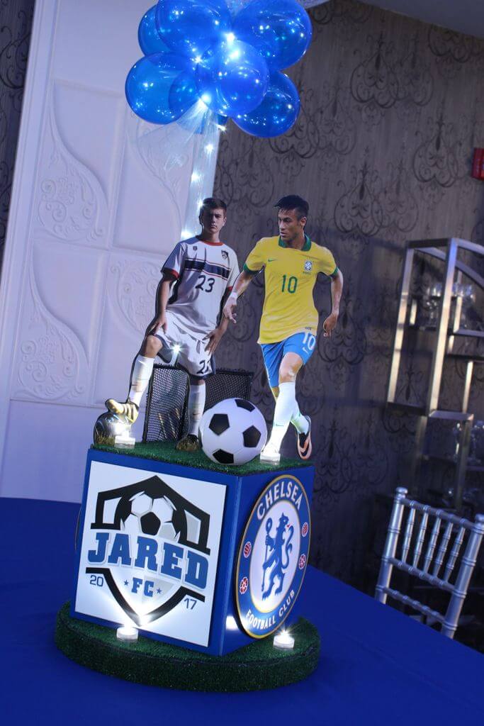Soccer Themed Cube Centerpiece with Custom Logo, Team Logo and Toppers