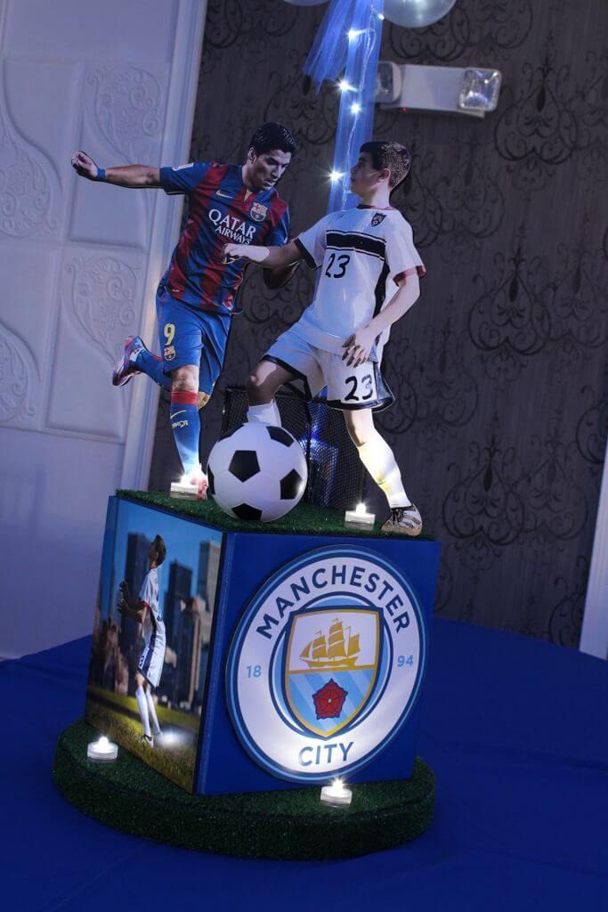 Soccer Themed Cube Centerpiece with Custom Logo, Team Logo and Toppers