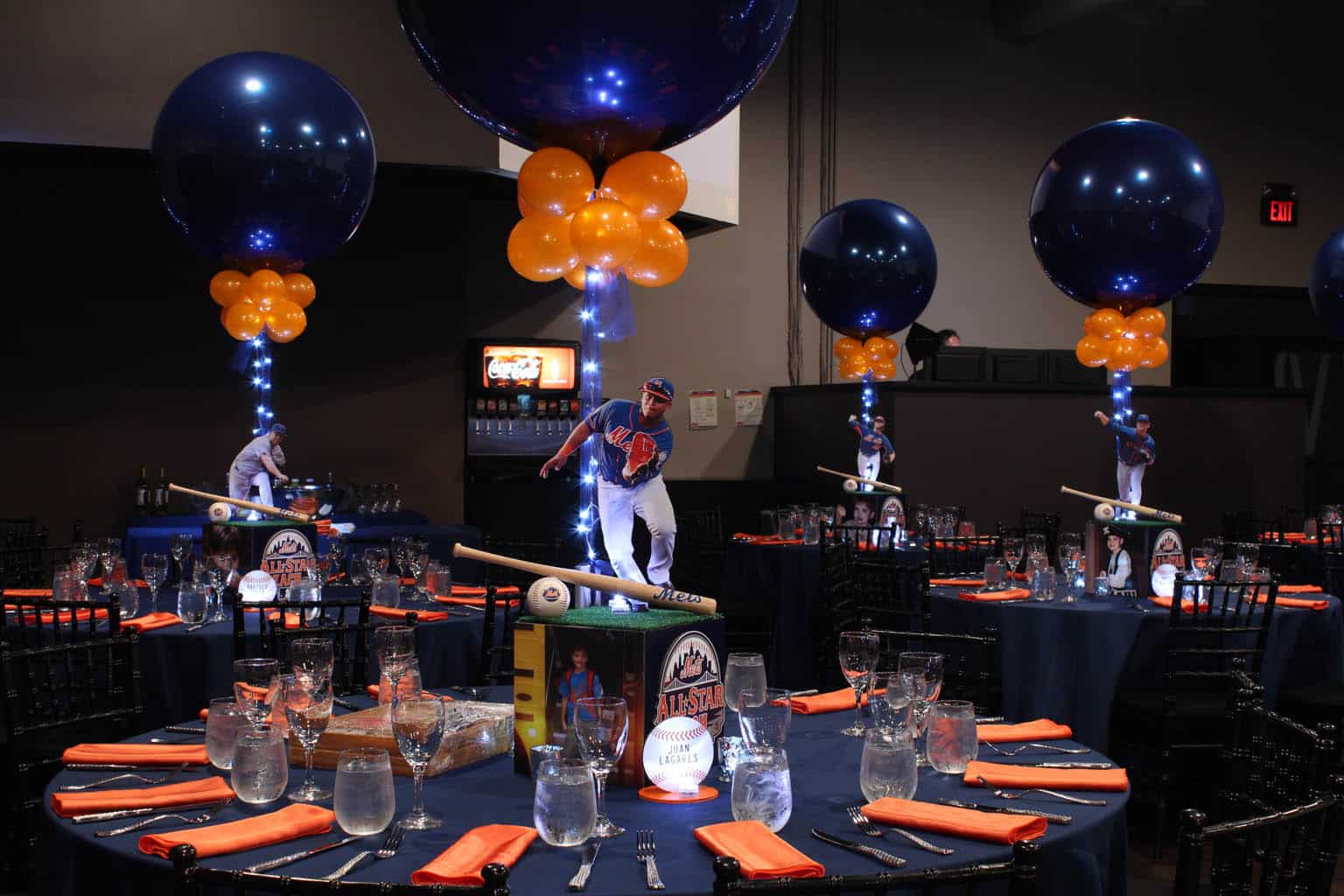 Mets Themed Bar Mitzvah with Themed Centerpieces and Navy and Orange Balloons