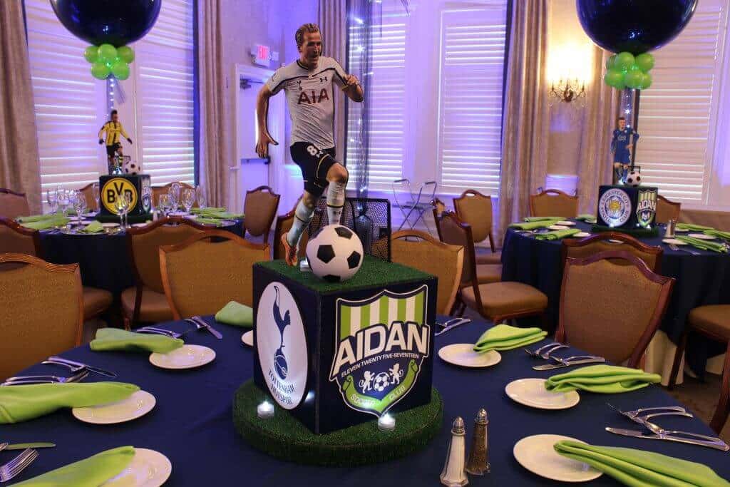 Soccer Themed Photo Cube Centerpieces with Logos and Cutout Players