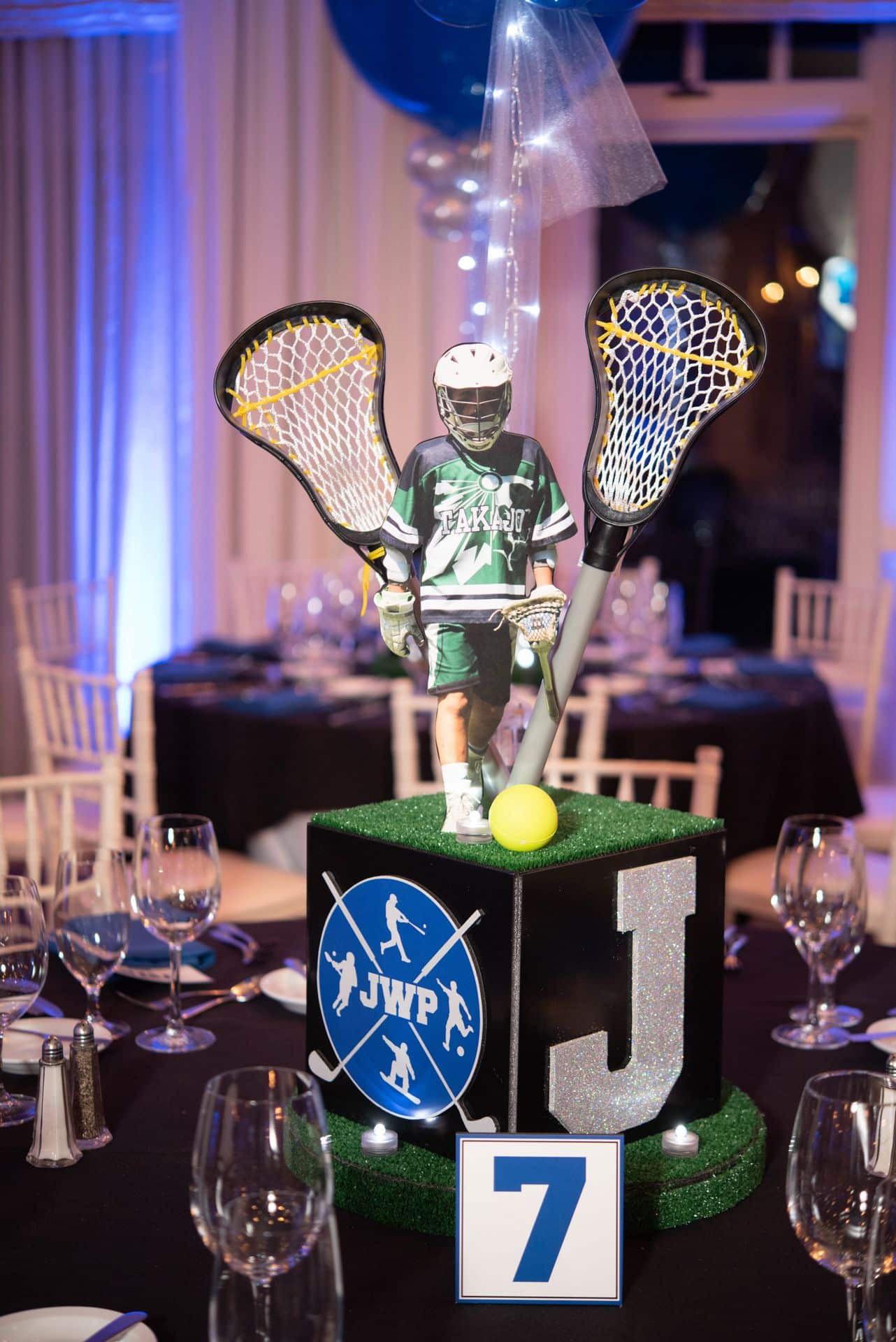 Lacrosse Themed Centerpiece with Custom Logo and Initial Cutout for Sports Themed Bar Mitzvah