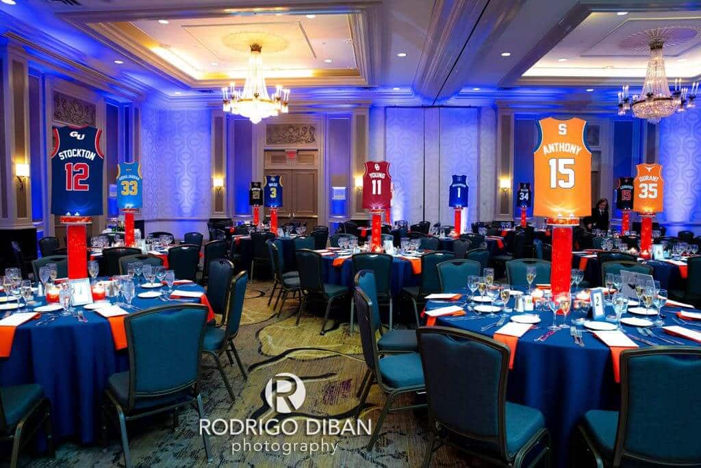Custom Basketball Jersey Centerpieces on LED Cylinders with Gems for Bar Mitzvah at The Hilton, Woodcliff Lake
