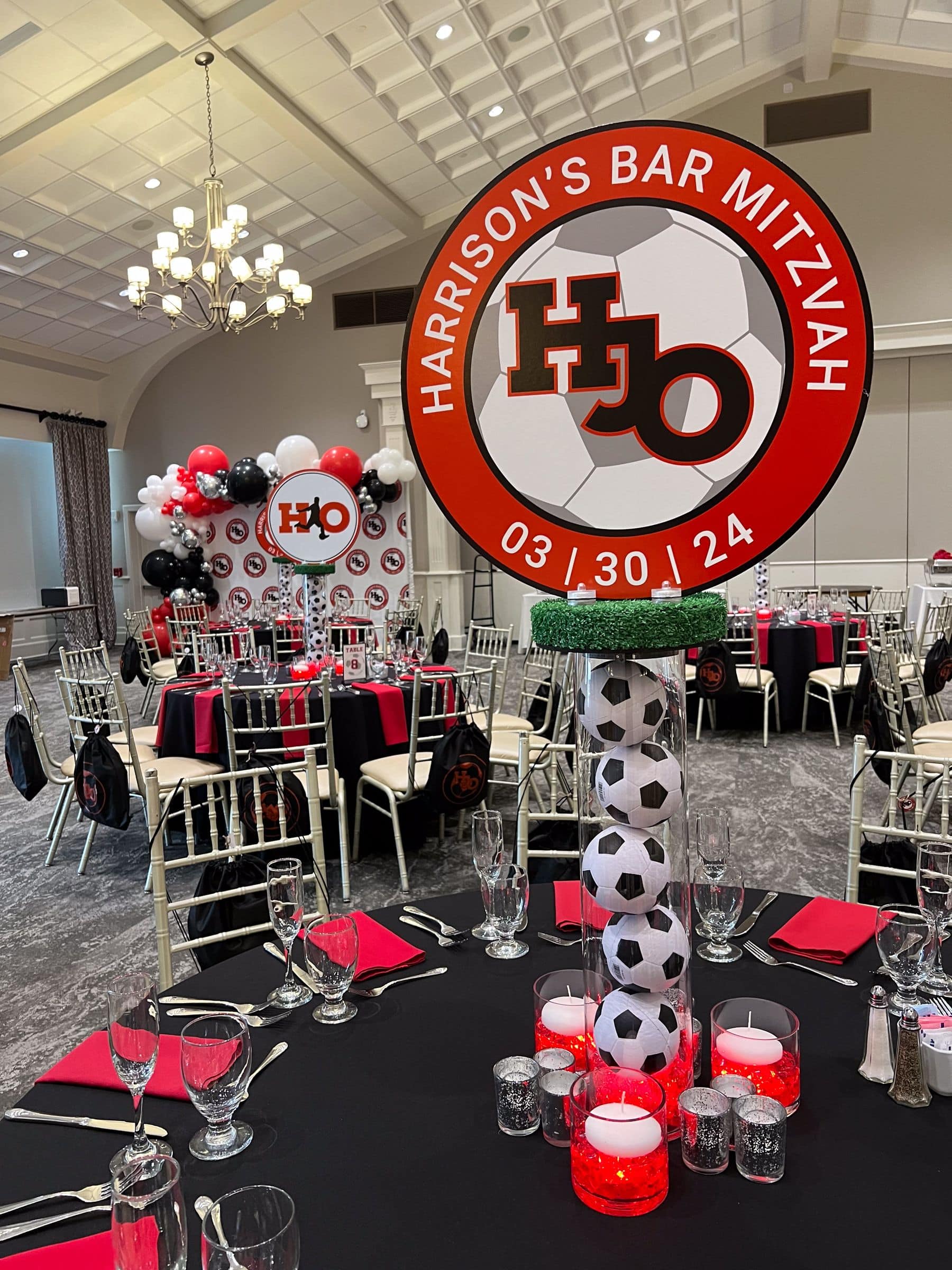 Soccer Themed Centerpiece with Custom Logo and Soccer Balls