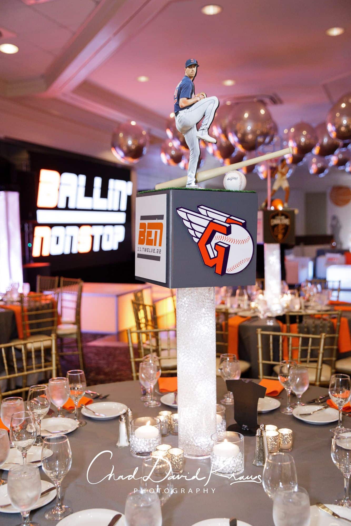 Custom Baseball Centerpiece with Sports Equipment and Logo Cube on LED Vases