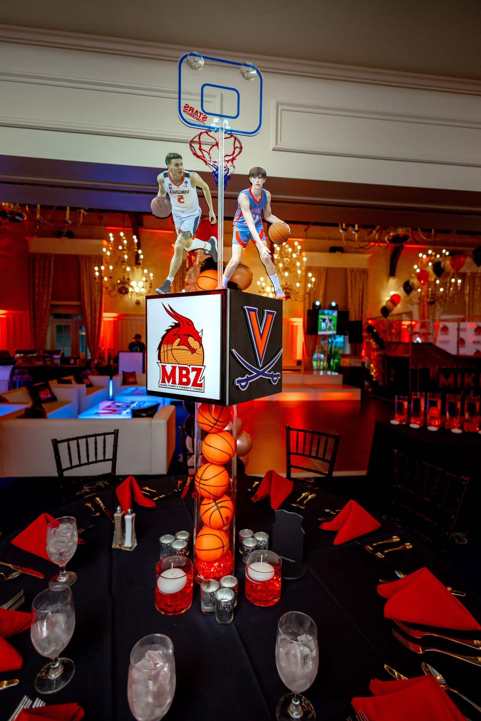 Custom Cube Centerpieces with Player Toppers on Cylinders with Mini Basketballs for Basketball Themed Bar Mitzvah
