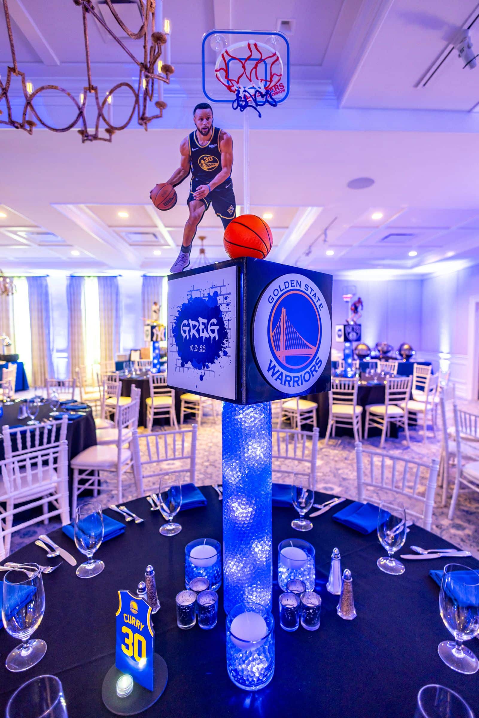 Custom Sports Centerpieces with Cutout Players and Team Logos on LED Cylinders for ESPN Themed Bar Mitzvah