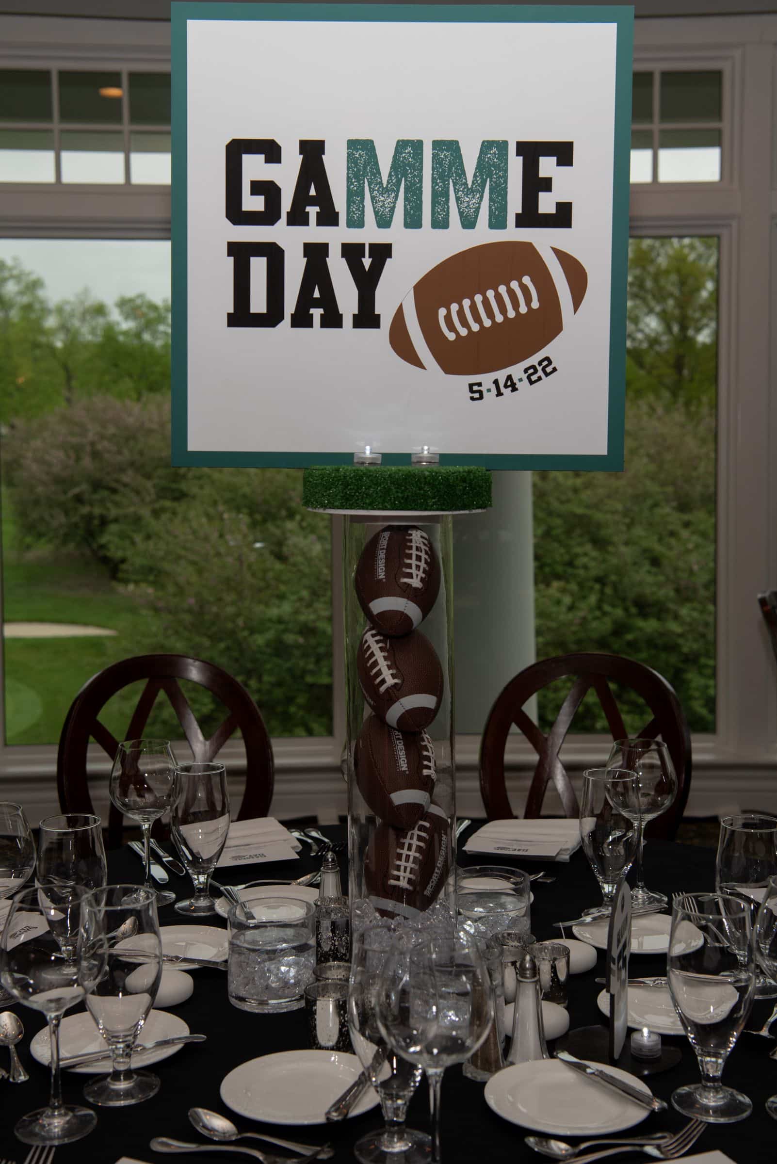 Custom Logo Centerpiece on LED Football Base for Eagle's Themed Bar Mitzvah