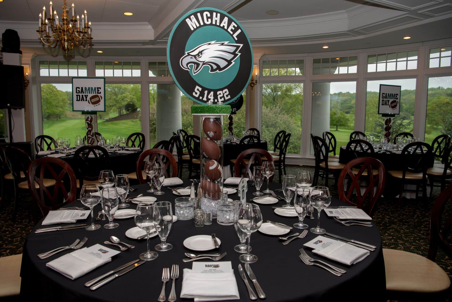Custom Logo Centerpiece on LED Football Base for Eagle's Themed Bar Mitzvah