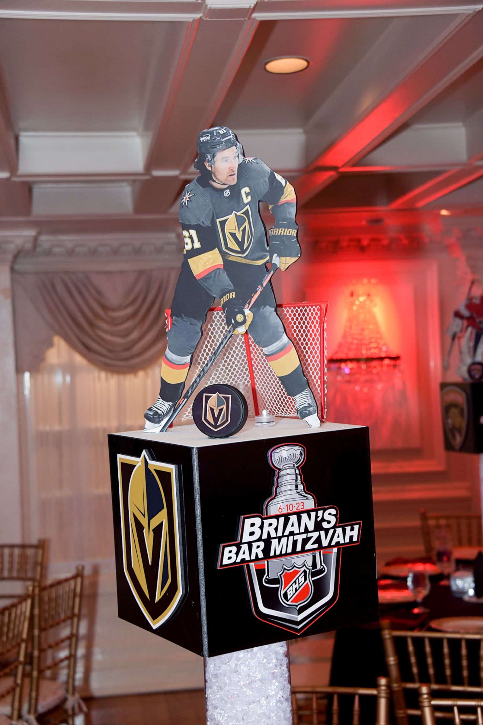 Custom LED Cube Centerpiece with Logos and Cutout Players for Hockey Themed Bar Mitzvah