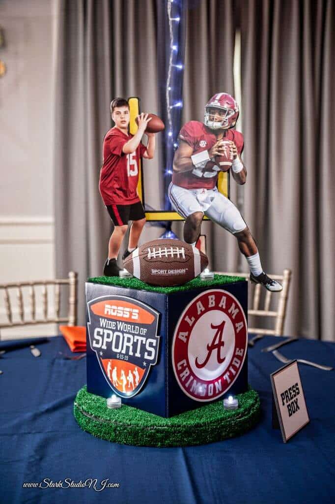Football Themed Cube Centerpiece with Custom Logo and Photo Cutouts