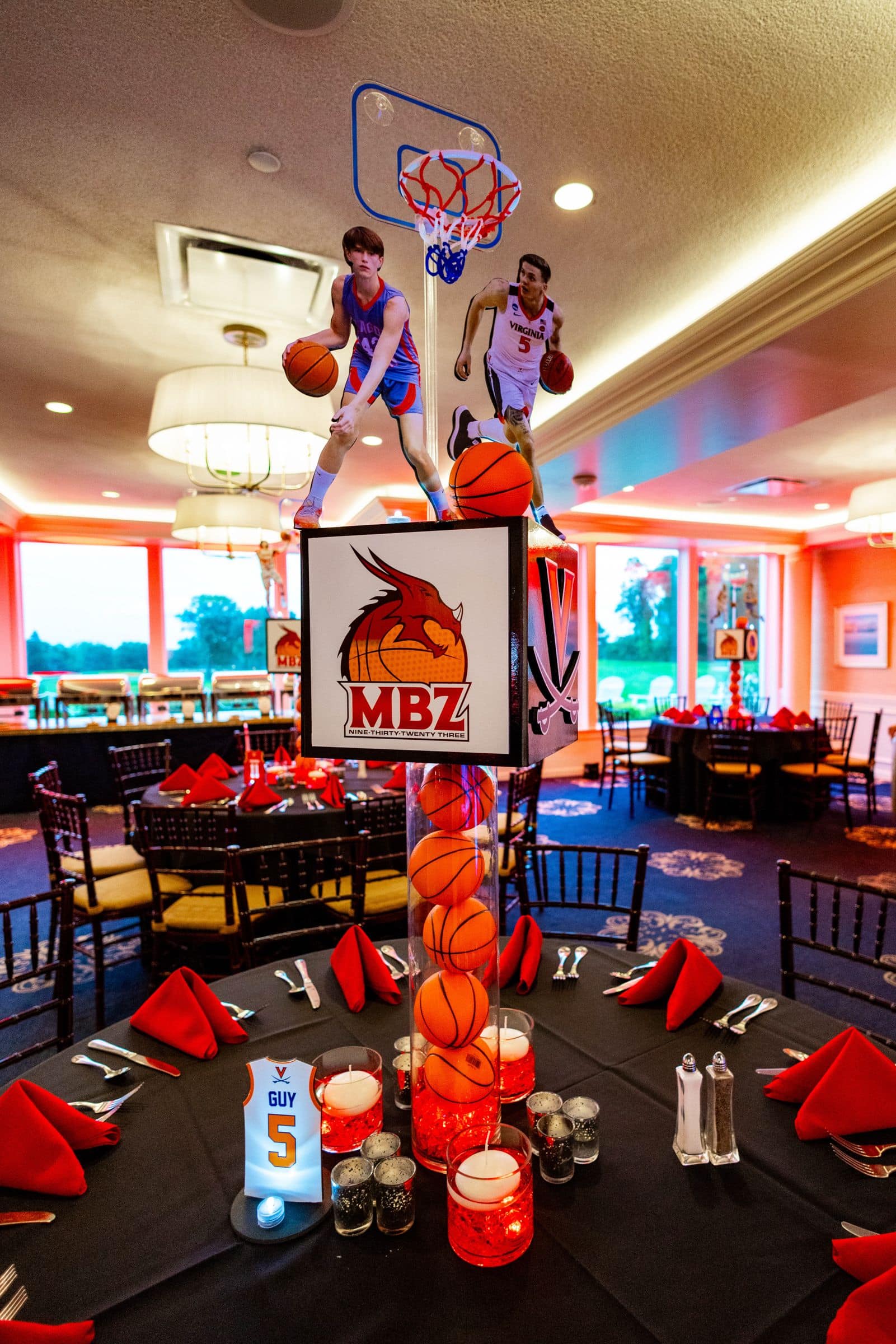 Custom Cube Centerpieces with Player Toppers on Cylinders with Mini Basketballs for Basketball Themed Bar Mitzvah