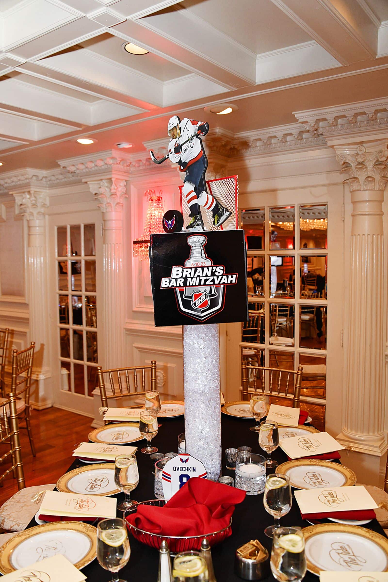 Custom LED Cube Centerpiece with Logos and Cutout Players for Hockey Themed Bar Mitzvah