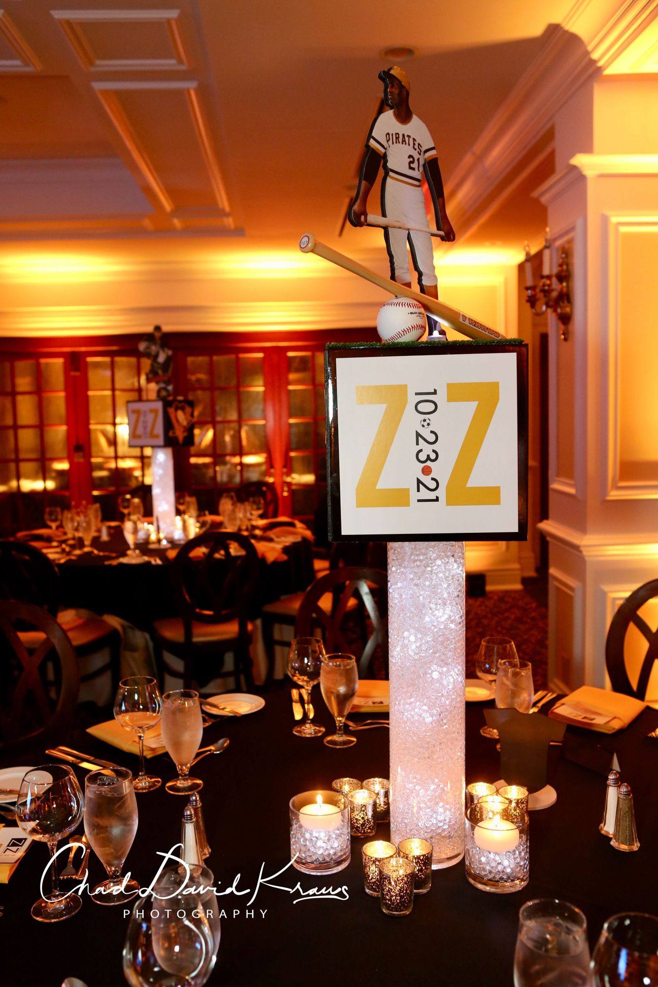 Pirates Baseball Themed Logo Cube with Cut Outs Centerpiece on LED Aqua Gems Cylinder