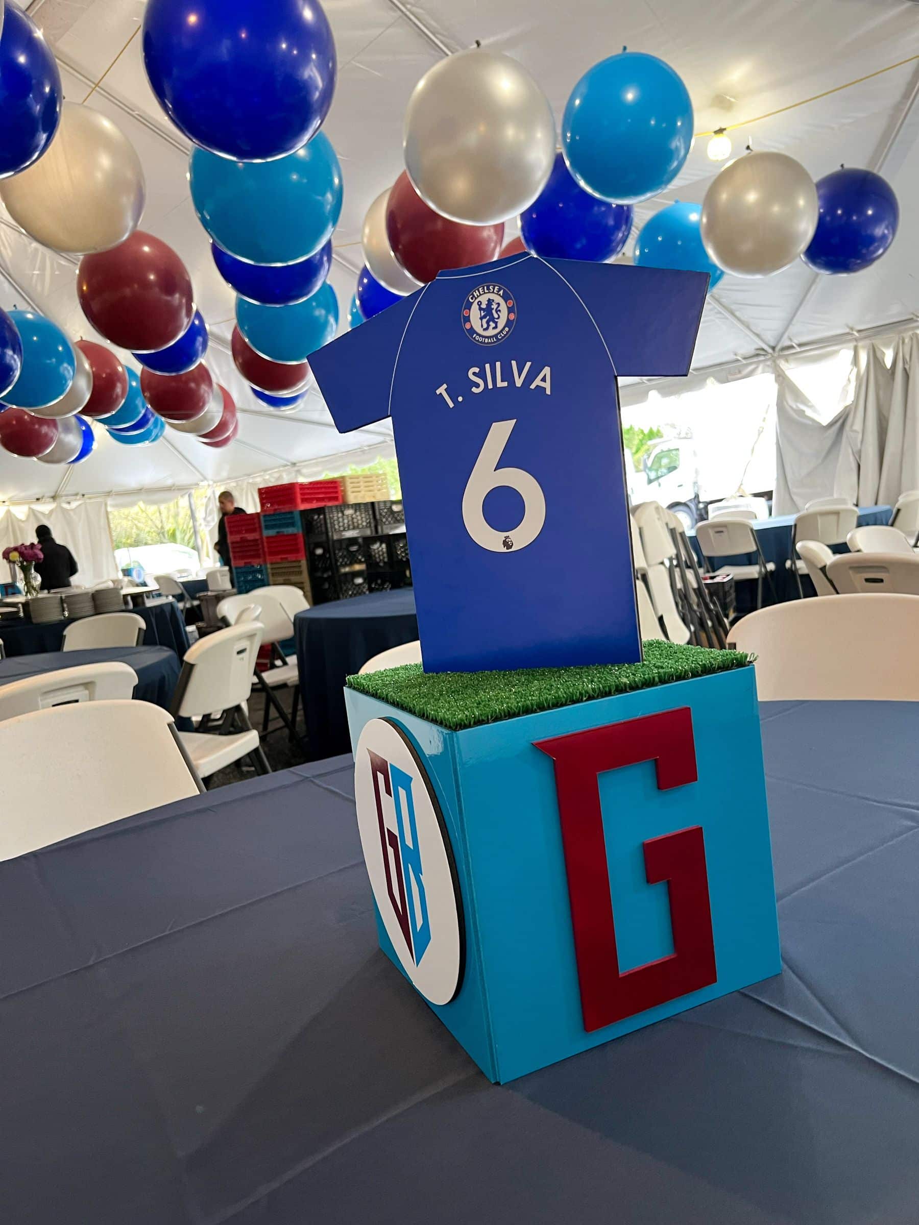 Soccer Cube Centerpiece with Custom Logo and Jersey Topper