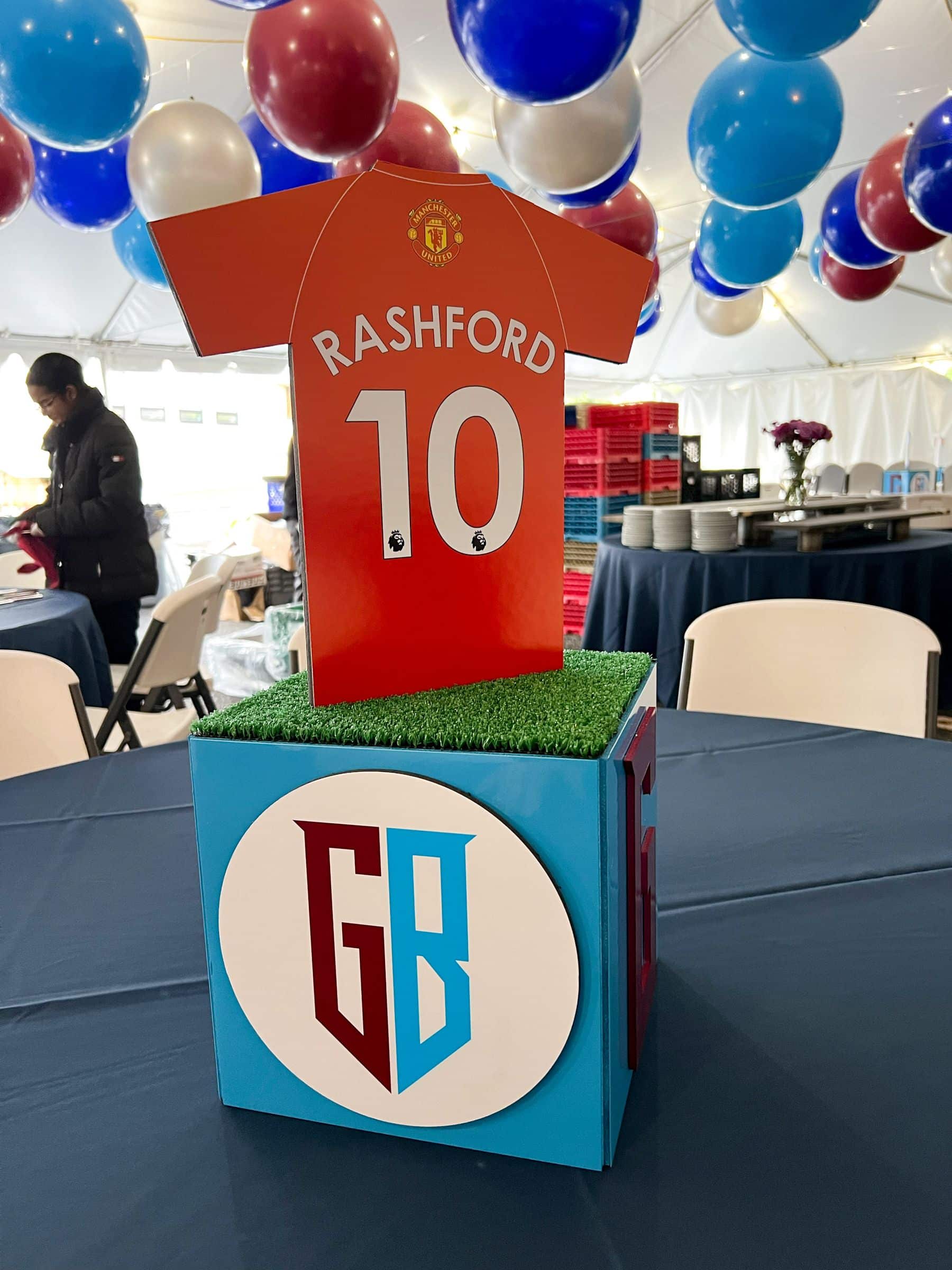 Soccer Cube Centerpiece with Custom Logo and Jersey Topper
