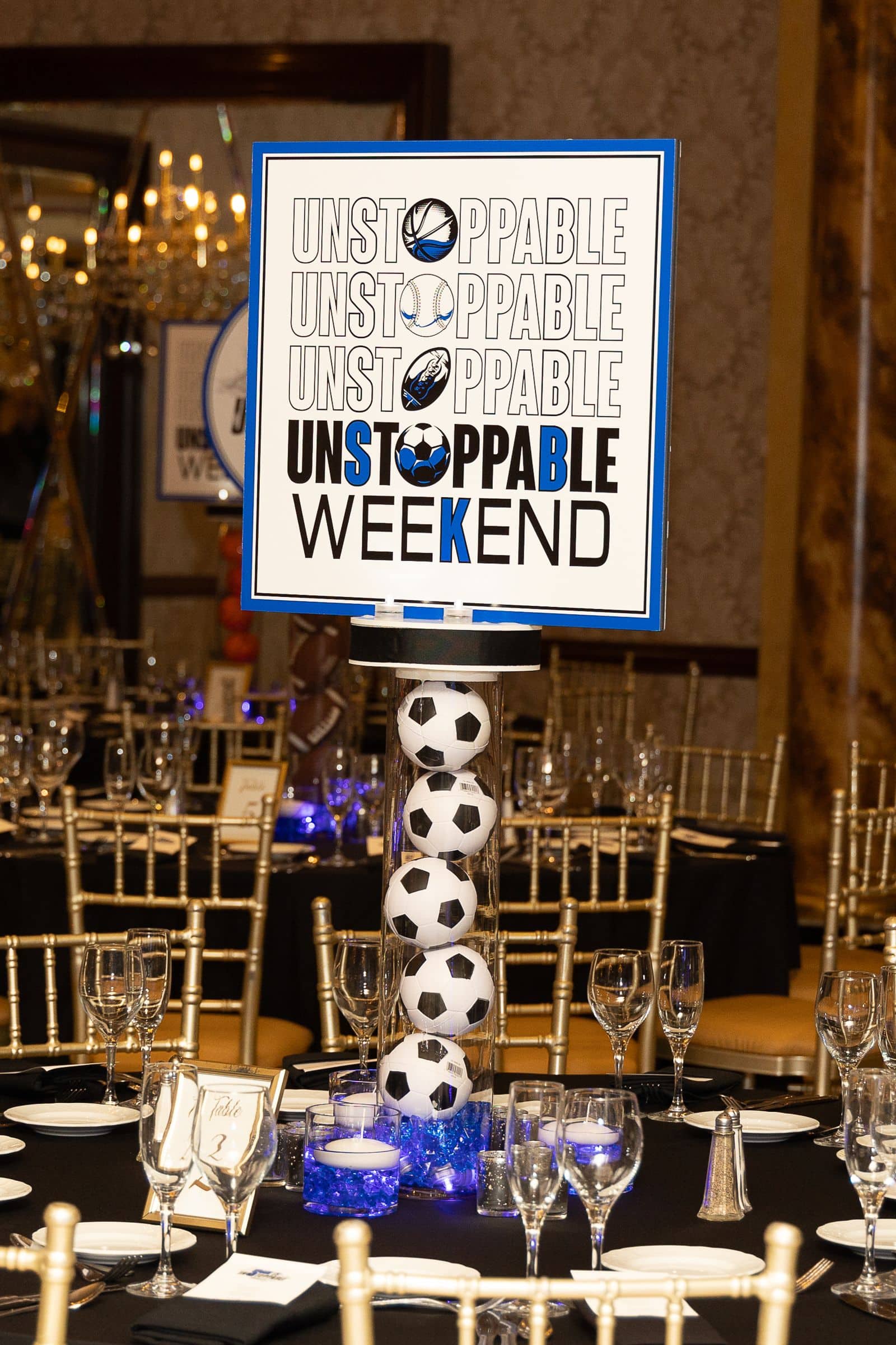 LED Sports Themed Logo Centerpiece on
Soccer Cylinder for Sports Themed Bar Mitzvah