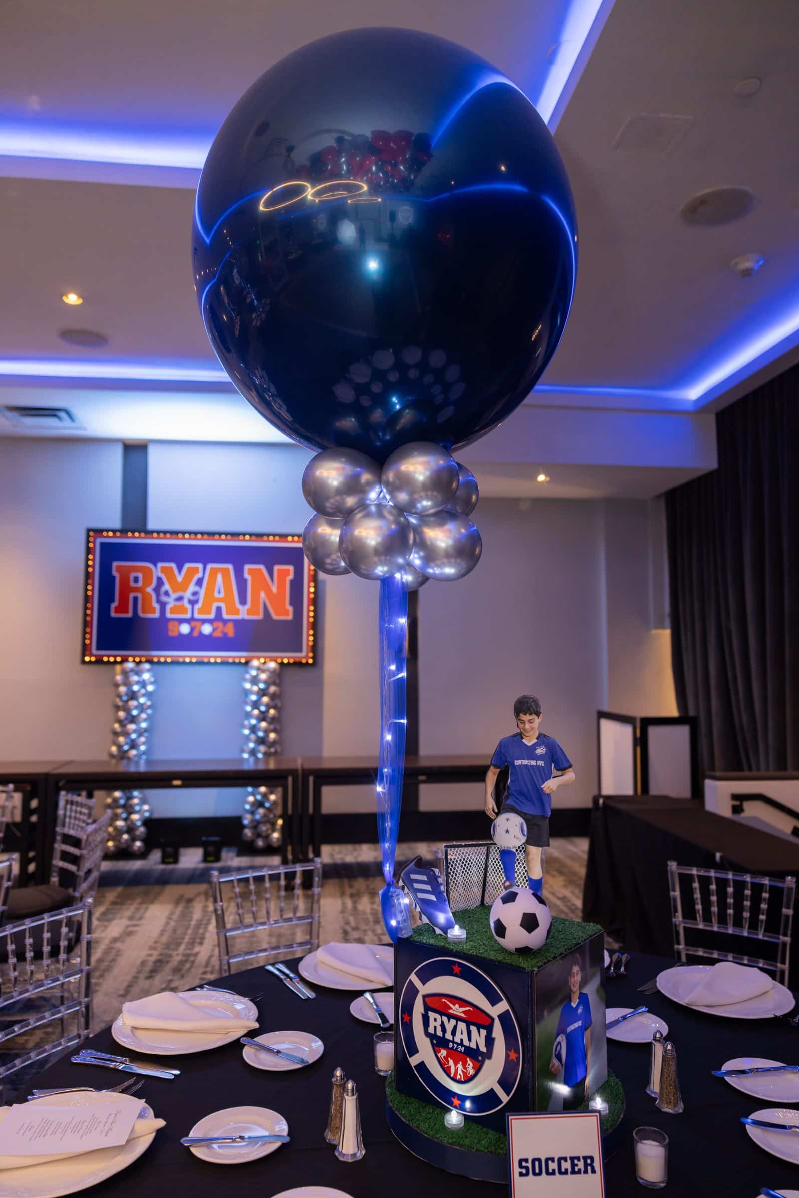 Custom Soccer Cube Centerpiece with Custom Logo and 3ft Balloon with Lights